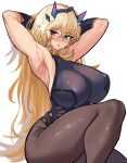  1girl absurdres armpits arms_behind_head arms_up bangs bare_shoulders black_dress black_gloves blonde_hair blue_eyes blush breasts brown_legwear dress elbow_gloves fate/grand_order fate_(series) gawain_(fairy_knight)_(fate) gloves heterochromia highres horns large_breasts long_hair looking_at_viewer loooyd open_mouth pantyhose red_eyes sideboob solo thighs 