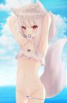  1girl animal_ear_fluff animal_ears armpits arms_up bangs bare_shoulders bikini biting blurry blurry_background blush breasts closed_mouth cloud collarbone cowboy_shot eyebrows_visible_through_hair fox_ears fox_tail groin highres long_hair looking_at_viewer navel original outdoors red_eyes sidelocks sirotuki_ito sky solo spaghetti_strap standing stomach swimsuit tail thighs underboob water_drop white_bikini white_hair 