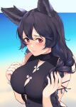  1girl animal_ears beach black_hair blue_sky blush braid breasts embarrassed erune granblue_fantasy hair_between_eyes hair_over_shoulder kauru00 large_breasts long_braid long_hair looking_at_viewer nier_(granblue_fantasy) red_eyes single_braid sky solo upper_body very_long_hair 