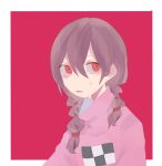  1girl baichi165 bangs border braid brown_hair hair_between_eyes hair_tie looking_up madotsuki open_mouth outside_border pink_sweater red_background red_eyes sanpaku short_hair simple_background solo sweat sweater turtleneck turtleneck_sweater twin_braids upper_body white_border yume_nikki 