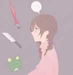  1girl ? baichi165 bangs braid brown_hair ears_visible_through_hair expressionless frog from_side grey_background hair_between_eyes hair_tie knife madotsuki no_mouth pink_sweater red_eyes sanpaku solo speech_bubble spoken_question_mark sweater turtleneck turtleneck_sweater twin_braids umbrella upper_body yume_nikki 