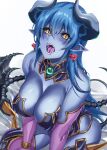  1girl astaroth_(shinrabanshou) black_sclera blue_skin blush breasts cleavage colored_sclera colored_skin covered_nipples demon_girl demon_tail earrings fangs heart heart_earrings highres hikari_(komitiookami) horns jewelry large_breasts leotard long_hair looking_at_viewer open_mouth red_wings shinrabanshou shiny shiny_hair shiny_skin solo tail tongue wings 
