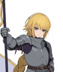  1girl armor belt blonde_hair blue_eyes braid breastplate brown_belt expressionless fate/apocrypha fate_(series) gauntlets highres jason_kim jeanne_d&#039;arc_(fate) jeanne_d&#039;arc_(fate)_(all) long_braid long_hair looking_at_viewer purple_shirt shirt sketch solo very_long_hair white_background 