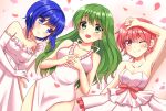  3girls :d ;) arm_up blue_eyes blue_hair bow breasts catria_(fire_emblem) collarbone commentary_request dress elbow_gloves est_(fire_emblem) eyebrows_visible_through_hair fire_emblem gloves green_eyes green_hair long_hair looking_at_viewer lying medium_breasts multiple_girls on_back one_eye_closed open_mouth palla_(fire_emblem) petals pink_bow pink_eyes pink_hair setoda_(llgo) short_hair siblings sisters sleeveless sleeveless_dress smile strapless strapless_dress white_dress white_gloves 