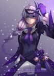  1girl absurdres antenna_hair bangs blue_eyes braid braided_ponytail flower gloves hair_between_eyes highres honkai_(series) honkai_impact_3rd kallen_kaslana kallen_kaslana_(sixth_serenade) long_hair long_sleeves mask mask_on_head purple_background purple_flower purple_gloves purple_rose rose sdzy97510 solo white_hair 