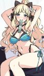  1girl armpits arms_behind_head bangs bikini blonde_hair blue_bikini blue_eyes blunt_bangs blush bow breasts cleavage condom condom_packet_strip condom_wrapper hair_bow long_hair looking_at_viewer mizuki_makoto navel ponytail princess_connect! saren_(princess_connect!) sitting smile solo swimsuit 