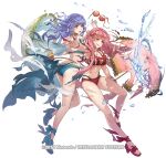  2girls ankle_ribbon ass bangs bikini black_bikini blue_bikini blue_hair blunt_bangs braid breasts brown_eyes cleavage commentary_request copyright_name eyebrows_visible_through_hair fire_emblem fire_emblem:_three_houses fire_emblem_heroes gold_trim halterneck hilda_valentine_goneril holding holding_umbrella injury large_breasts layered_bikini long_hair marianne_von_edmund multiple_girls nail_polish nijihayashi off-shoulder_bikini off_shoulder parasol pink_eyes pink_hair protecting red_bikini ribbon sarong scratches short_hair_with_long_locks sidelocks simple_background sunglasses swimsuit thighs torn_clothes twintails umbrella water watermark 