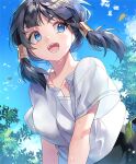  1girl bangs black_hair black_skirt blue_eyes blue_sky cloud collarbone day dragon_ball dragon_ball_z from_below hair_ornament leaf open_mouth outdoors round_teeth sal shirt skirt sky smile solo summer sweat teeth tree twintails videl white_shirt 