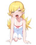  1girl bakemonogatari blonde_hair blush_stickers breasts bubukka cleavage collarbone dress long_hair looking_at_viewer monogatari_(series) open_mouth oshino_shinobu pointy_ears saliva simple_background small_breasts solo teeth tongue tongue_out white_background white_dress yellow_eyes 