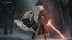  1girl bangs black_capelet black_dress black_headwear blonde_hair bolos capelet dress energy_sword english_commentary english_text forest from_behind full_body highres holding holding_weapon lightsaber lily_black lily_white long_hair long_sleeves nature outdoors parody pointy_hat snowing solo standing star_wars star_wars:_the_force_awakens sword touhou weapon 