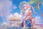  2girls absurdres bikini blue_hair eyewear_on_head fire_emblem fire_emblem:_three_houses highres hilda_valentine_goneril hug hug_from_behind irisl marianne_von_edmund multiple_girls palm_tree partially_submerged pier sarong smile sunglasses swimsuit tree twintails umbrella water yuri 