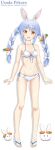  1girl :d absurdres animal_ear_fluff animal_ears bangs bare_arms bare_shoulders bikini blue_hair bow braid breasts brown_eyes bunny-shaped_pupils bunny_ears carrot_hair_ornament character_name commentary_request copyright_name eyebrows_visible_through_hair flipper food-themed_hair_ornament front-tie_bikini front-tie_top full_body hair_bow hair_ornament highres hololive long_hair looking_at_viewer multicolored_hair navel nousagi_(usada_pekora) open_mouth sandals shadow short_eyebrows side-tie_bikini small_breasts smile standing swimsuit thick_eyebrows twin_braids twintails two-tone_hair upper_teeth usada_pekora virtual_youtuber white_background white_bikini white_bow white_footwear white_hair 