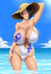  1girl aqua_eyes arm_behind_head arm_up ass_visible_through_thighs bikini blue_sky breasts cleavage cloud commentary day english_commentary floral_print flower hair_over_one_eye hand_on_headwear hand_on_hip hat heart highleg highleg_swimsuit horizon huge_breasts ocean one-piece_swimsuit original outdoors parted_lips saya_(twrlare) sky smile solo straw_hat submerged summer sun_hat sun_tattoo swimsuit tan thighs twitter_username twrlare wading 
