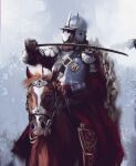  1boy animal armor beard blurry breastplate brown_gloves commentary english_commentary facial_hair gloves grey_background hand_up helmet highres holding holding_sword holding_weapon horse kalmahul knight male_focus open_mouth original red_robe royal_robe sword weapon 