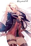  1girl ahoge bangs black_legwear blonde_hair breasts dark-skinned_female dark_skin fate/grand_order fate_(series) gyudong123 hair_ornament highres jacket japanese_clothes leg_belt long_hair looking_at_viewer okita_souji_(alter)_(fate) okita_souji_(fate)_(all) silver_hair simple_background solo thighhighs very_long_hair white_background 