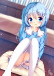 1girl :d bangs bed blue_eyes blue_hair blue_shirt blurry blurry_background blush chinomaron commentary_request covering covering_crotch cushion depth_of_field dutch_angle eyebrows_visible_through_hair feet_out_of_frame gochuumon_wa_usagi_desu_ka? hair_between_eyes hair_ornament hand_up highres kafuu_chino long_hair long_sleeves looking_at_viewer open_mouth panties pleated_skirt sailor_collar school_uniform serafuku shirt signature sitting skirt sleeves_past_wrists smile solo thighhighs two_side_up underwear very_long_hair white_legwear white_panties white_sailor_collar white_skirt wooden_floor x_hair_ornament zabuton 