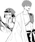  1boy 1girl artoria_pendragon_(all) artoria_pendragon_(caster)_(fate) bangs emiya_shirou eyebrows_visible_through_hair fate/grand_order fate_(series) fufufu_11 greyscale hat holding igote limited/zero_over looking_at_another monochrome open_mouth sengo_muramasa_(fate) simple_background sketch staff sweatdrop upper_body white_background 