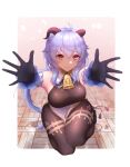 1girl ahoge armpits bare_shoulders bell black_legwear blue_hair blush breasts cowbell ganyu_(genshin_impact) genshin_impact gloves highres horns kneeling large_breasts looking_at_viewer outstretched_arms purple_eyes reaching_out smile thighs yukishimo 