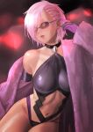  1girl breasts elbow_gloves fate/grand_order fate_(series) glasses gloves hair_over_one_eye highres kirie_kairi leotard looking_at_viewer mash_kyrielight navel open_mouth pink_hair purple_eyes short_hair solo sunglasses 