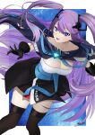  1girl :d azur_lane bangs black_dress black_gloves black_legwear blue_cloak blue_eyes blush breasts cleavage cloak commentary_request commission cowboy_shot dress eyebrows_visible_through_hair floating_hair gloves hair_between_eyes hair_ornament high_collar highres intrepid_(azur_lane) large_breasts long_hair looking_at_viewer mole mole_on_breast open_mouth oshida_bob pigeon-toed purple_hair short_dress sidelocks signature skeb_commission skindentation smile solo standing strap strapless strapless_dress textless thighhighs two_side_up upper_teeth very_long_hair white_background zettai_ryouiki 