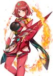  absurdres aegis_sword_(xenoblade) bangs black_gloves breasts chest_jewel earrings fingerless_gloves gem gloves headpiece highres jewelry large_breasts miyako_(00727aomiyako) pyra_(xenoblade) red_eyes red_hair red_legwear red_shorts short_hair short_shorts shorts swept_bangs sword thighhighs tiara weapon xenoblade_chronicles_(series) xenoblade_chronicles_2 