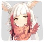  1girl bangs bey_(bey01st) bird_wings blush close-up commentary_request eyebrows_visible_through_hair frilled_sleeves frills fur_collar gloves hand_in_hair head_wings japanese_crested_ibis_(kemono_friends) kemono_friends long_sleeves multicolored_hair red_fur red_gloves red_hair shirt short_hair sidelocks solo two-tone_hair white_hair white_shirt wings yellow_eyes 