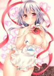  1girl animal_print apron bangs blush breasts chocolate eyebrows_visible_through_hair fish_print hair_flaps heart highres holding kantai_collection large_breasts long_hair low_twintails marker_(medium) naked_apron off_shoulder purple_hair red_eyes ribbon saya_pr smile solo taigei_(kancolle) traditional_media twintails valentine whale_print white_apron 