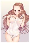  1girl bare_shoulders blush breasts brown_hair collarbone covered_nipples curly_hair forehead highres idolmaster idolmaster_cinderella_girls long_hair looking_at_viewer navel nipples open_mouth pubic_hair red_eyes school_swimsuit see-through seki_hiromi shigaoka solo swimsuit wavy_hair white_swimsuit 