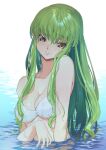  1girl bangs bare_shoulders bikini bikini_top breasts c.c. closed_mouth code_geass collarbone commentary_request creayus eyebrows_visible_through_hair highres partially_submerged smile solo swimsuit upper_body wet wet_hair white_bikini yellow_eyes 