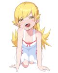  1girl :q bakemonogatari blonde_hair blush_stickers breasts bubukka cleavage collarbone dress long_hair looking_at_viewer monogatari_(series) naughty_face open_mouth oshino_shinobu pointy_ears simple_background small_breasts solo teeth tongue tongue_out white_background white_dress yellow_eyes 