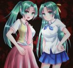  2girls absurdres blush bow bowtie breasts contrapposto fumiusui green_eyes green_hair hand_on_hip highres higurashi_no_naku_koro_ni large_breasts long_hair looking_at_viewer multiple_girls necktie open_mouth pleated_skirt ponytail red_background red_neckwear red_skirt ribbon school_uniform shirt siblings sisters skirt smile sonozaki_mion sonozaki_shion splatter_background twins white_shirt yellow_ribbon 