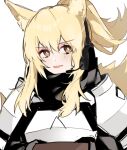  1girl animal_ears aogisa arknights armor blonde_hair hair_between_eyes headset highres horse_ears horse_girl horse_tail implied_extra_ears long_hair looking_at_viewer nearl_(arknights) open_mouth ponytail simple_background solo tail upper_body white_background yellow_eyes 