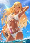  1girl absurdres bangs blonde_hair dark-skinned_female dark_skin elf grin hair_down hara_kenshi highres hololive kintsuba_(shiranui_flare) long_hair looking_at_viewer multicolored_hair ocean one_eye_closed open_mouth outdoors partially_submerged pointy_ears red_eyes see-through shiranui_flare smile solo streaked_hair swimsuit thighs virtual_youtuber 