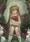  1girl blurry blush book bug butterfly depth_of_field elf fantasy flower flower_bracelet forest green_hair head_tilt head_wreath highres holding holding_book insect legs_together light_particles long_hair looking_at_viewer nagasawa_tougo nature original pointy_ears red_eyes sitting sketch solo tree_stump twitter_username very_long_hair 