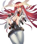  1girl ankh ankh_necklace aria_(guilty_gear) belt belt_buckle bodysuit breasts buckle cleavage gloves green_eyes guilty_gear guilty_gear_strive hair_between_eyes halo highres jack-o&#039;_valentine long_hair looking_at_viewer multicolored_hair oro_(sumakaita) red_hair two-tone_hair very_long_hair white_hair 