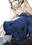  1girl armor bangs blonde_hair blue_shirt blush breastplate breasts fate/grand_order fate_(series) gauntlets gawain_(fairy_knight)_(fate) green_eyes highres horns large_breasts long_hair looking_to_the_side open_mouth rahato shirt solo turtleneck 