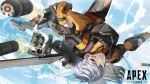  1girl apex_legends bodysuit brown_eyes controller copyright_name firing flying highres holding jetpack joystick logo mechanical_wings missile_pod olympus_(apex_legends) parted_lips science_fiction short_hair silver_hair sky smile smoke solo sukocchi upside-down valkyrie_(apex_legends) wings yellow_bodysuit 