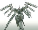  armored_core armored_core_4 commentary_request feet_out_of_frame gradient gradient_background grey_background gun highres holding holding_gun holding_weapon ishiyumi looking_at_viewer mecha mechanical_wings no_humans noblesse_oblige_(armored_core) science_fiction weapon white_background wings 
