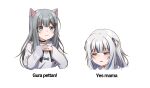  2girls :3 animal_ears black_choker blue_bow blue_eyes blue_hair blush bow cat_ears cat_girl choker dick_flattening english_text gawr_gura grey_hair hands_together highres hololive hololive_english indie_virtual_youtuber jan_azure meme multicolored_hair multiple_girls nacho_(amashiro_natsuki) open_mouth sad silver_hair smile streaked_hair two_side_up virtual_youtuber 