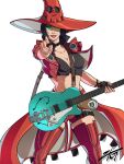  1girl absurdres black_hair boots electric_guitar fighting_game guilty_gear guilty_gear_strive guitar hat heterochromia highres i-no instrument jacket midriff pointing pointing_at_viewer red_jacket red_lips shiny shiny_clothes shiny_legwear short_hair sunglasses thigh_boots thighhighs tinted_eyewear venus_symbol very_short_hair witch_hat 