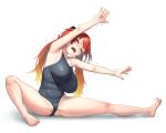  1girl beeeeen breasts cameltoe closed_eyes gradient_hair highres last_origin may_of_doom multicolored_hair one-piece_swimsuit open_mouth red_hair solo stretch swimsuit 