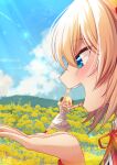  &gt;_&lt; 2girls akai_haato arms_up bangs blonde_hair blue_eyes blue_sky blush cloud commentary_request day dress eyebrows_visible_through_hair face field flower flower_field flying_sweatdrops forced_perspective hair_between_eyes hands highres hololive horns magowasabi multiple_girls open_mouth outdoors overskirt profile red_legwear red_ribbon ribbon sailor_collar sheep_girl sheep_horns short_sleeves signature skirt sky socks striped tsunomaki_watame twintails upper_teeth vertical-striped_dress vertical_stripes virtual_youtuber white_dress white_sailor_collar white_skirt yellow_flower 