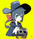  1girl aqua_eyes bangs blue_cape blue_hair blue_headwear blue_ribbon blush cape closed_mouth collared_shirt constanze_amalie_von_braunschbank-albrechtsberger hat little_witch_academia low_ponytail red_ribbon ribbon shirt thick_eyebrows vaiomx90 witch witch_hat yellow_background 