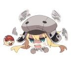  1boy 1girl agata720 anger_vein angry artoria_pendragon_(all) artoria_pendragon_(caster)_(fate) bangs blonde_hair chibi cropped_torso fate/grand_order fate_(series) green_eyes grey_headwear hat open_mouth red_hair sengo_muramasa_(fate) shaded_face sharp_teeth simple_background spoken_character teeth v-shaped_eyebrows white_background yellow_eyes 