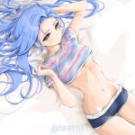 1girl arm_up artist_name banned_artist bed_sheet blue_eyes blue_hair blue_shorts breasts chaesu commentary cowboy_shot forehead hand_up highres long_hair lying micro_shorts midriff minah_(chaesu) navel on_back original shirt shorts small_breasts solo stomach striped striped_shirt thighs twitter_username 
