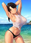  1girl armpits arms_behind_head arms_up bangs beach black_hair black_panties blue_sky blush breasts brown_eyes covered_nipples highres large_breasts long_hair looking_at_viewer navel ocean original panties ponytail shirt shore simple_background sky sleeveless sleeveless_shirt smile solo thighs tied_shirt underwear wa_(genryusui) wet wet_clothes white_shirt 