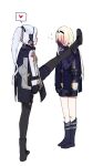  2girls absurdres ak-12_(girls&#039;_frontline) an-94_(girls&#039;_frontline) blonde_hair blue_hair blush commentary_request covering_mouth flying_sweatdrops girls&#039;_frontline heart highres huqu multiple_girls simple_background speech_bubble split spoken_heart standing standing_on_one_leg standing_split white_background yuri 