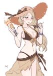  1girl absurdres bikini black_bikini black_bow blue_eyes blush bow breasts commentary cowboy_shot da-cart fire_emblem fire_emblem:_three_houses fire_emblem_heroes food front-tie_bikini front-tie_top hair_bow hand_up hat hat_bow highres holding holding_spoon ice_cream long_hair medium_breasts mercedes_von_martritz navel open_mouth sarong see-through silver_hair simple_background solo spoon standing stomach sun_hat sundae swimsuit white_background work_in_progress 