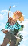  1boy absurdres arrow_(projectile) backlighting bangs blonde_hair blue_sky bow_(weapon) cloud cloudy_sky copyright_name cowboy_shot earrings highres jewelry lightning link medium_hair pointy_ears quiver shorts sky solo t5oy7a8 the_legend_of_zelda the_legend_of_zelda:_breath_of_the_wild weapon 
