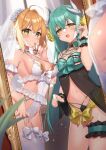  2girls ahoge bangs blonde_hair blush braid breasts citron_82 dragon_girl dragon_horns fate/extra fate/grand_order fate_(series) french_braid green_eyes green_hair hair_between_eyes hair_bun hair_intakes highres horns kiyohime_(fate) large_breasts long_hair looking_at_viewer medium_breasts multiple_girls multiple_horns navel nero_claudius_(fate) nero_claudius_(fate)_(all) open_mouth smile thighs yellow_eyes 